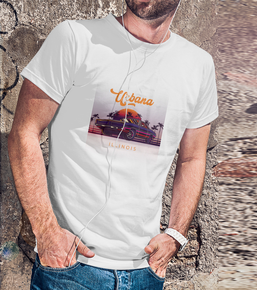 Urbana Illinois Vintage Muscle Cars Sunset Retro Palm Trees T-Shirt