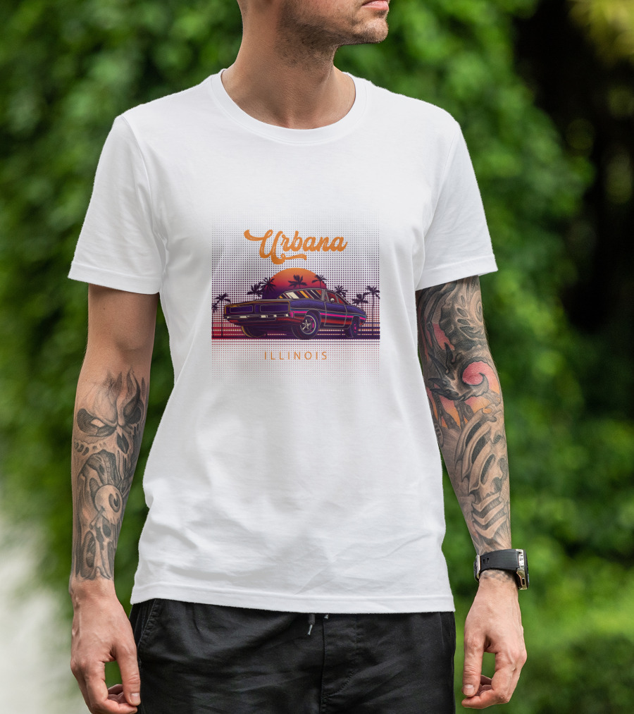 Urbana Illinois Vintage Muscle Cars Sunset Retro Palm Trees T-Shirt