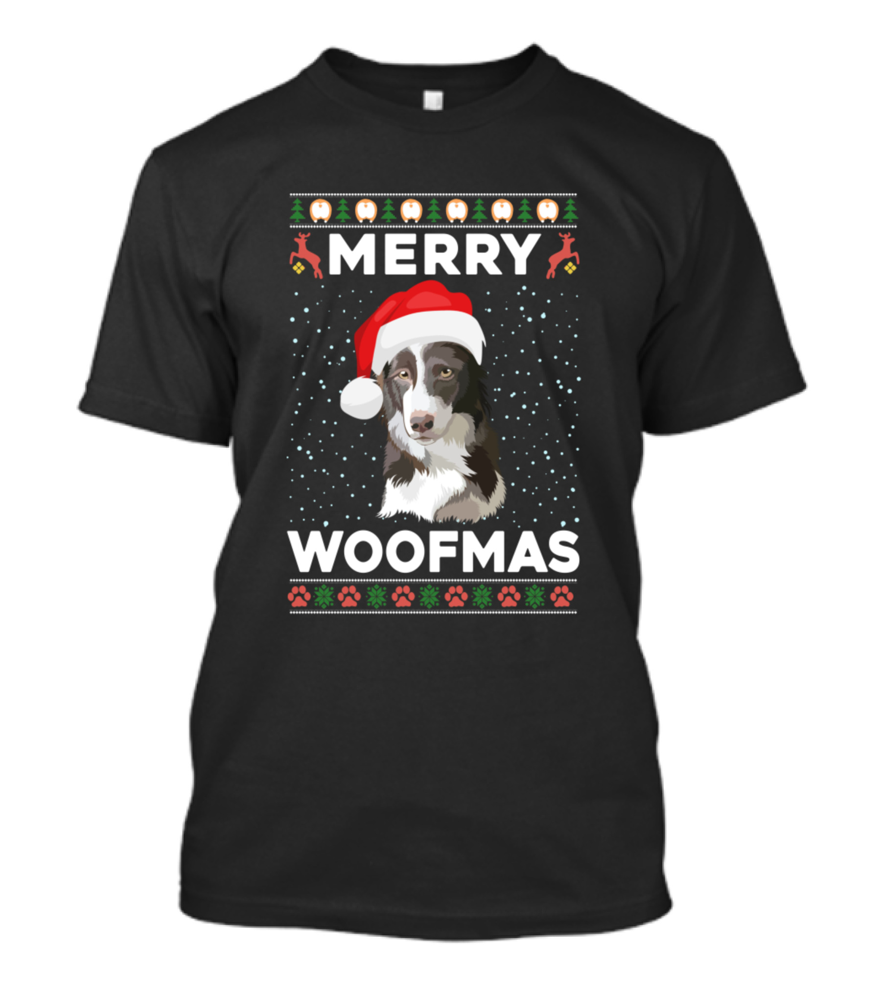 Merry Woofmas Border Collie Santa Hat Christmas Reindeer Snowflakes Paw Prints T-Shirt