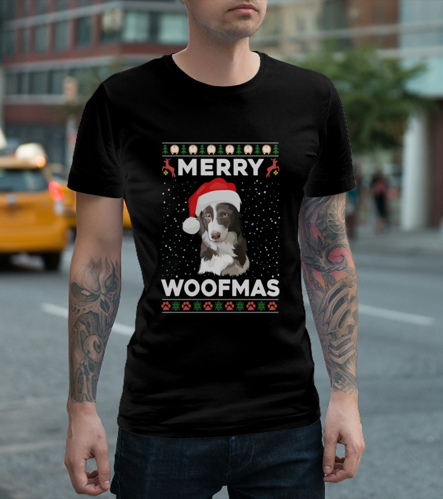 Merry Woofmas Border Collie Santa Hat Christmas Reindeer Snowflakes Paw Prints T-Shirt