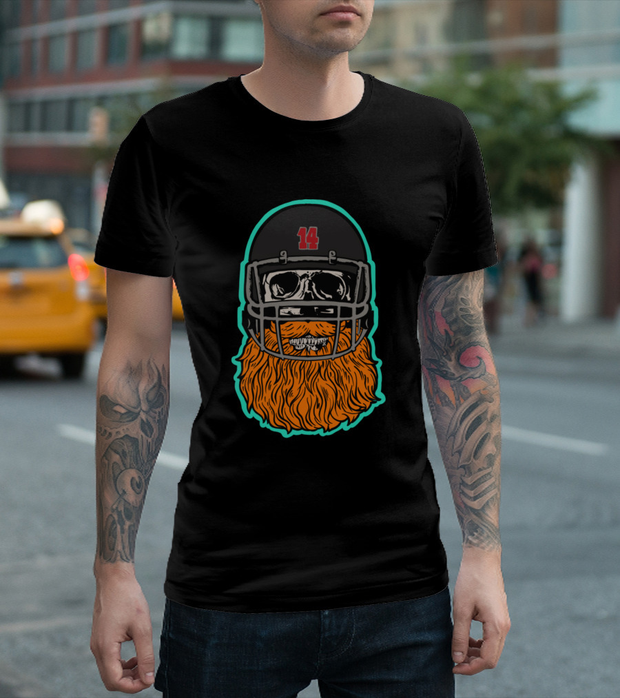 Fitz Magic Number 14 Skull With Orange Beard Football Helmet T-Shirt