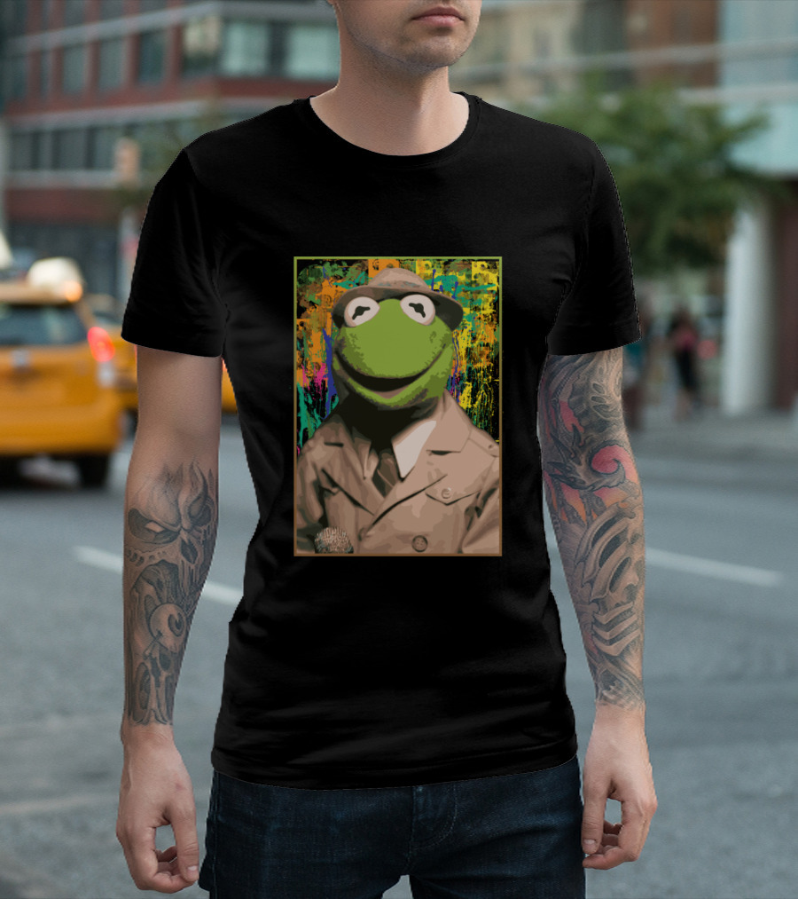 Kermit in Detective Outfit Pop Art Style with Colorful Background T-Shirt