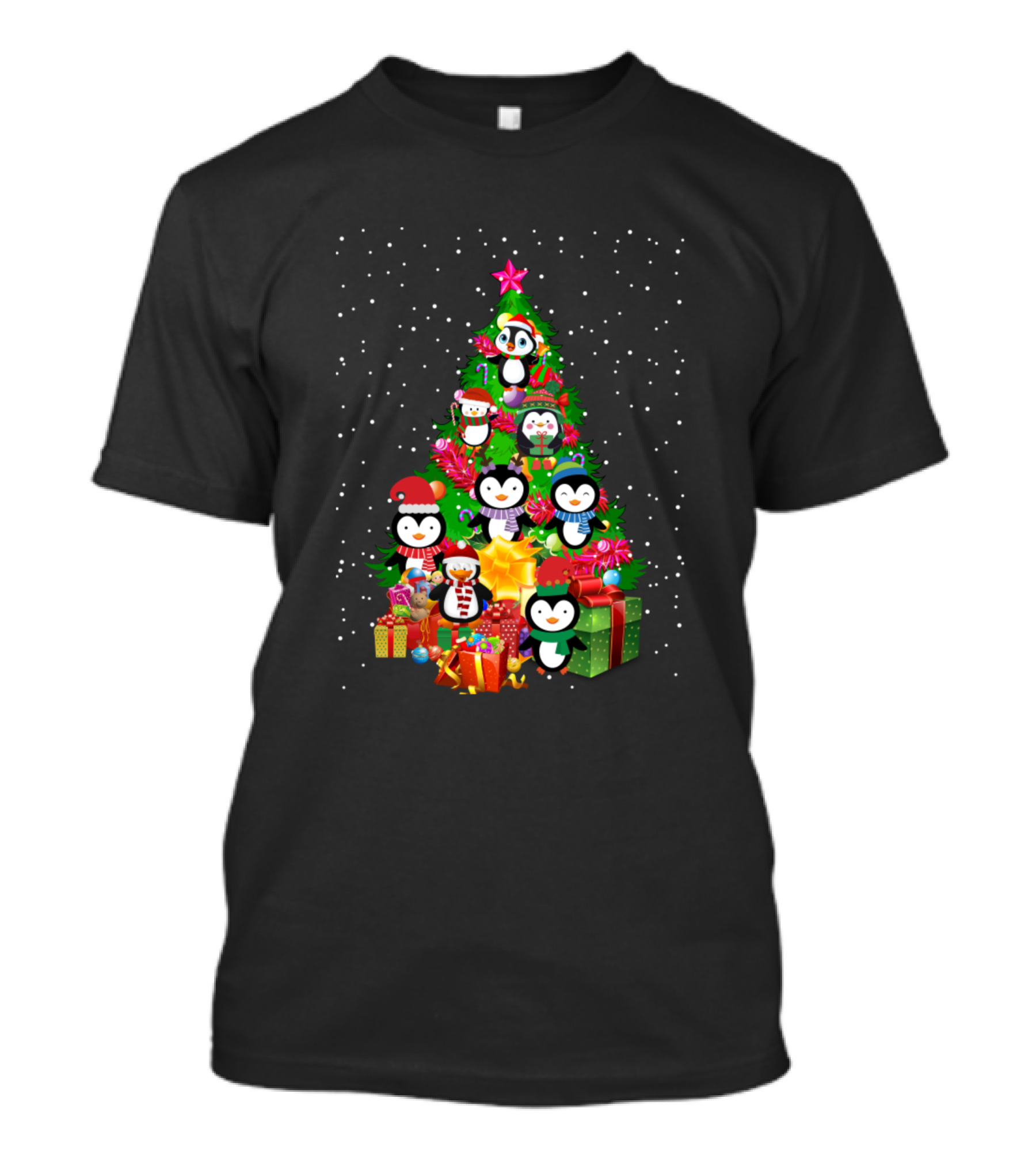 Penguin Christmas Tree With Cute Santa Gifts And Snowflakes T-Shirt