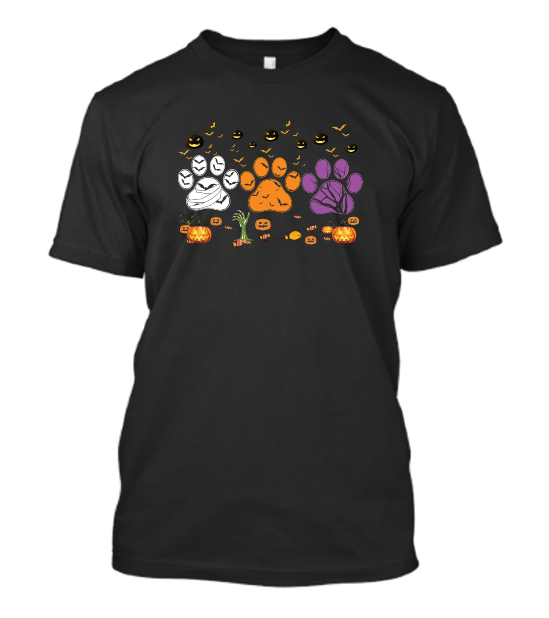 Three Halloween Paw Prints Funny Dog Lovers Pumpkin Faces Bats T-Shirt