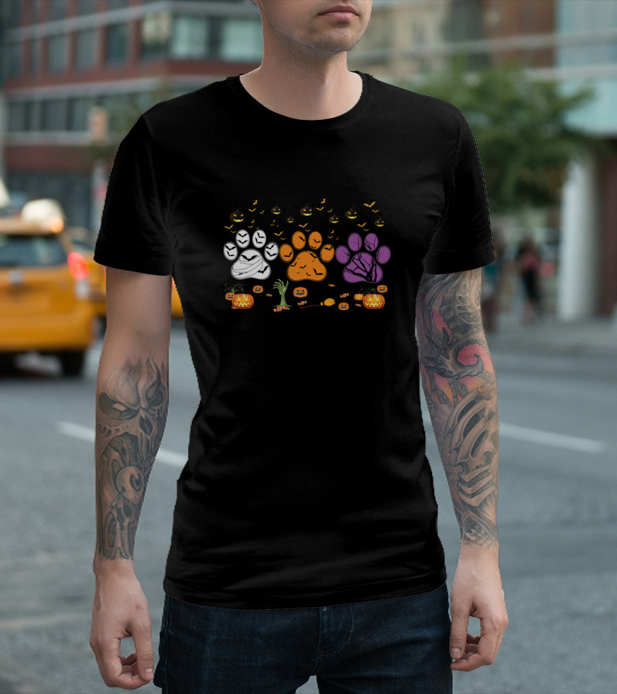 Three Halloween Paw Prints Funny Dog Lovers Pumpkin Faces Bats T-Shirt
