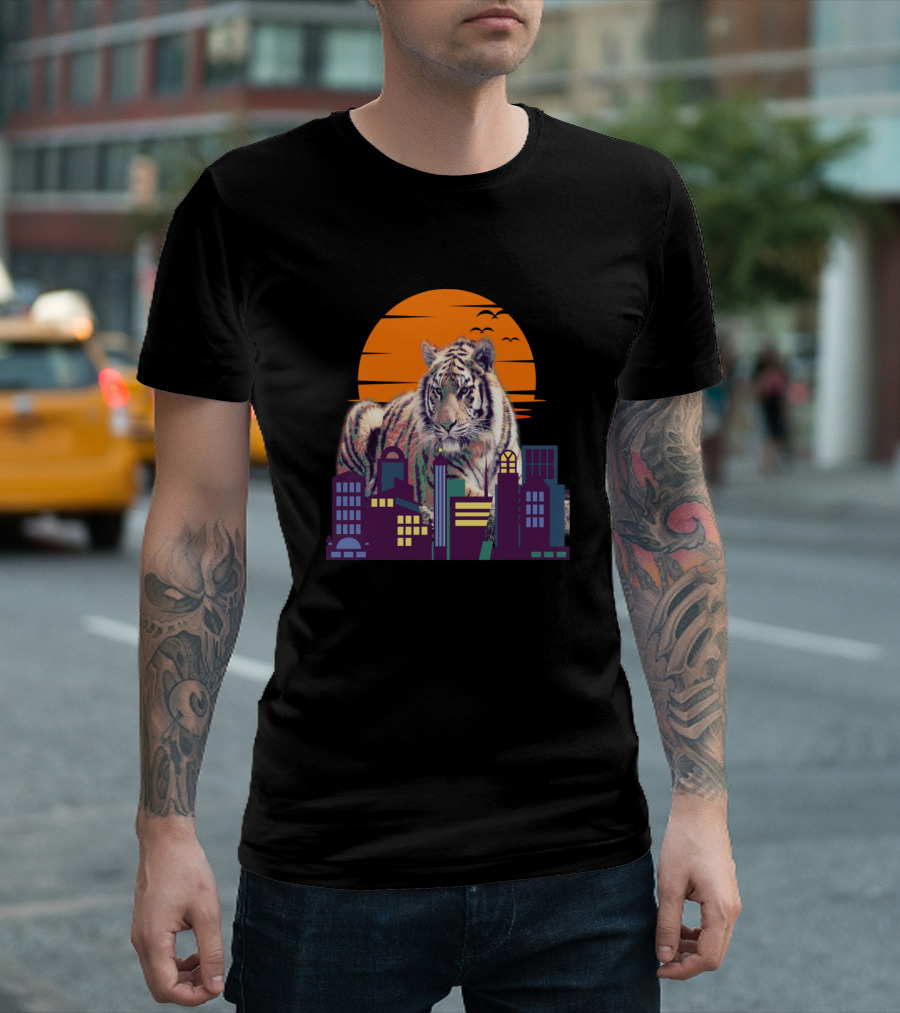 Tigerzilla Vintage Sunset Cityscape Feline T-Shirt