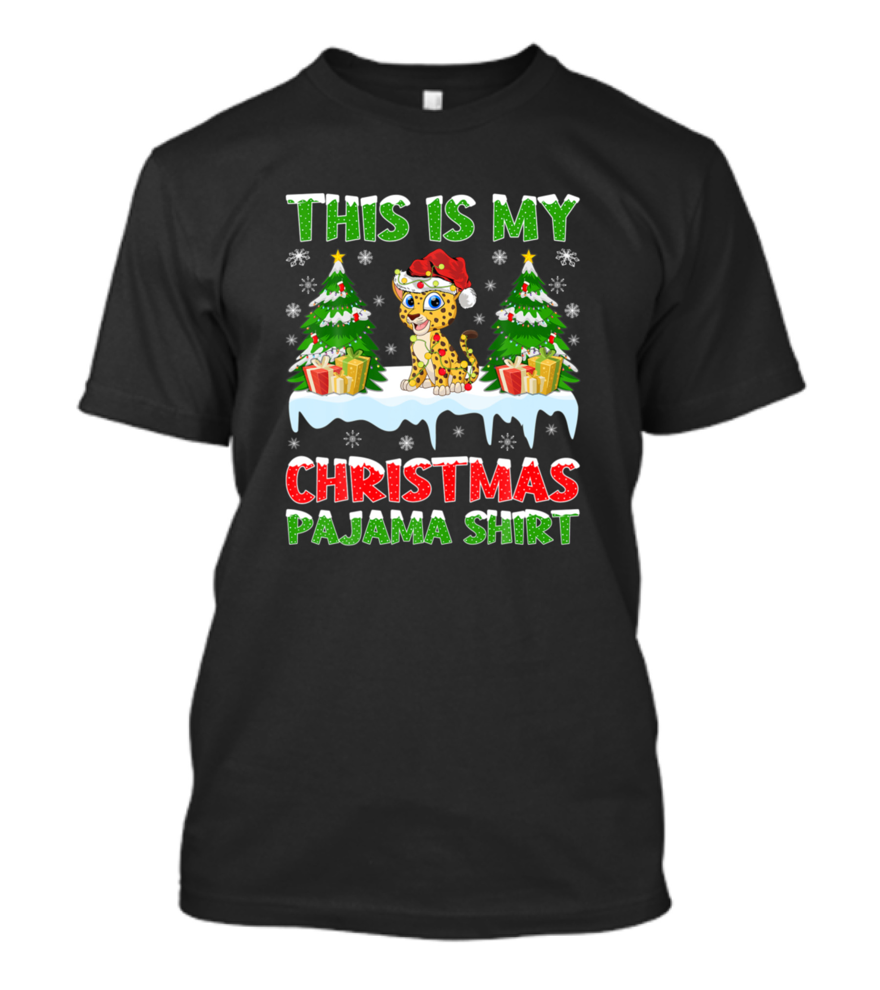 This Is My Christmas Pajama Shirt Leopard Santa Hat Snowflakes Trees Gifts T-Shirt