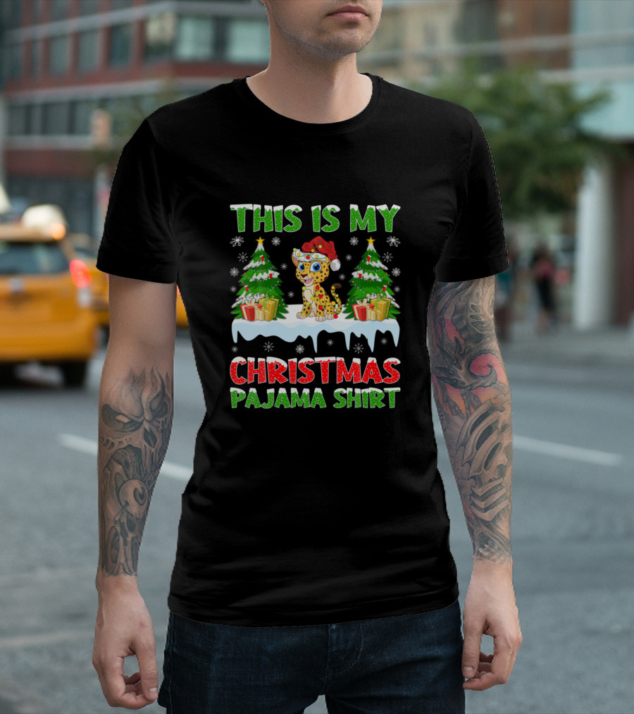 This Is My Christmas Pajama Shirt Leopard Santa Hat Snowflakes Trees Gifts T-Shirt