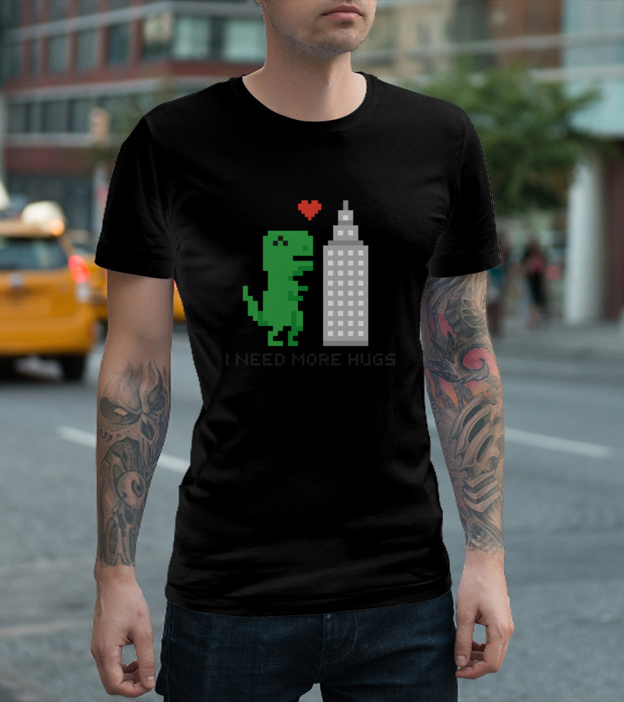 I Need More Hugs Dinosaur Pixel Art with Heart and Skyscraper T-Shirt