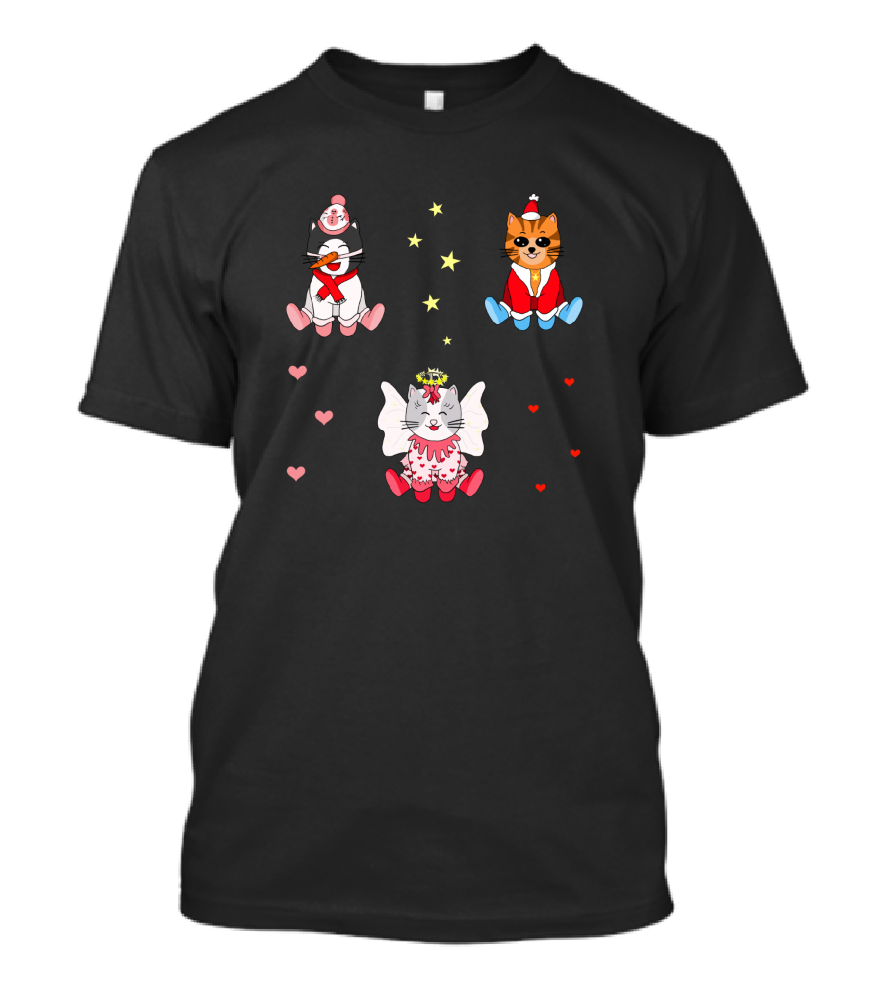 Kawaii Cats Angel Penguin Santa Christmas Hearts Stars T-Shirt