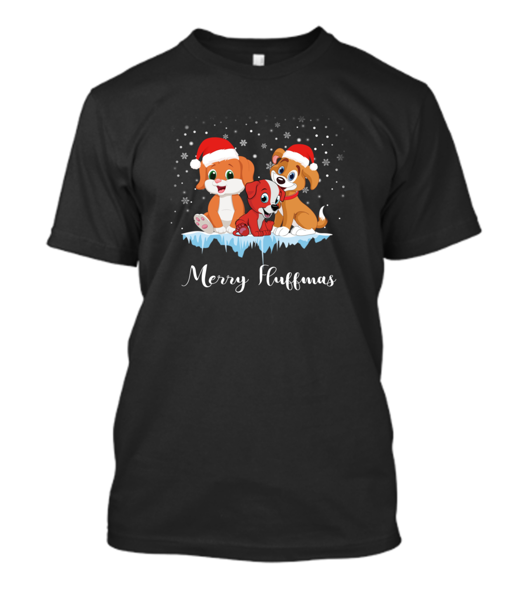 Merry Fluffmas Dogs Christmas Santa Hats Snowflake Scene T-Shirt