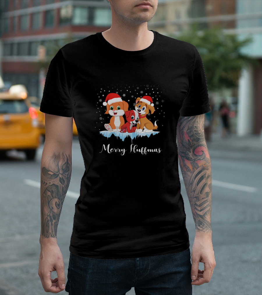 Merry Fluffmas Dogs Christmas Santa Hats Snowflake Scene T-Shirt
