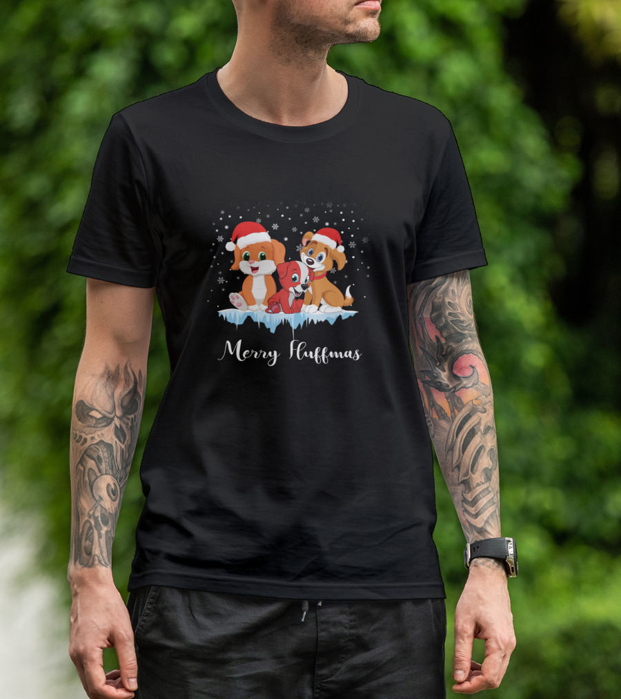 Merry Fluffmas Dogs Christmas Santa Hats Snowflake Scene T-Shirt