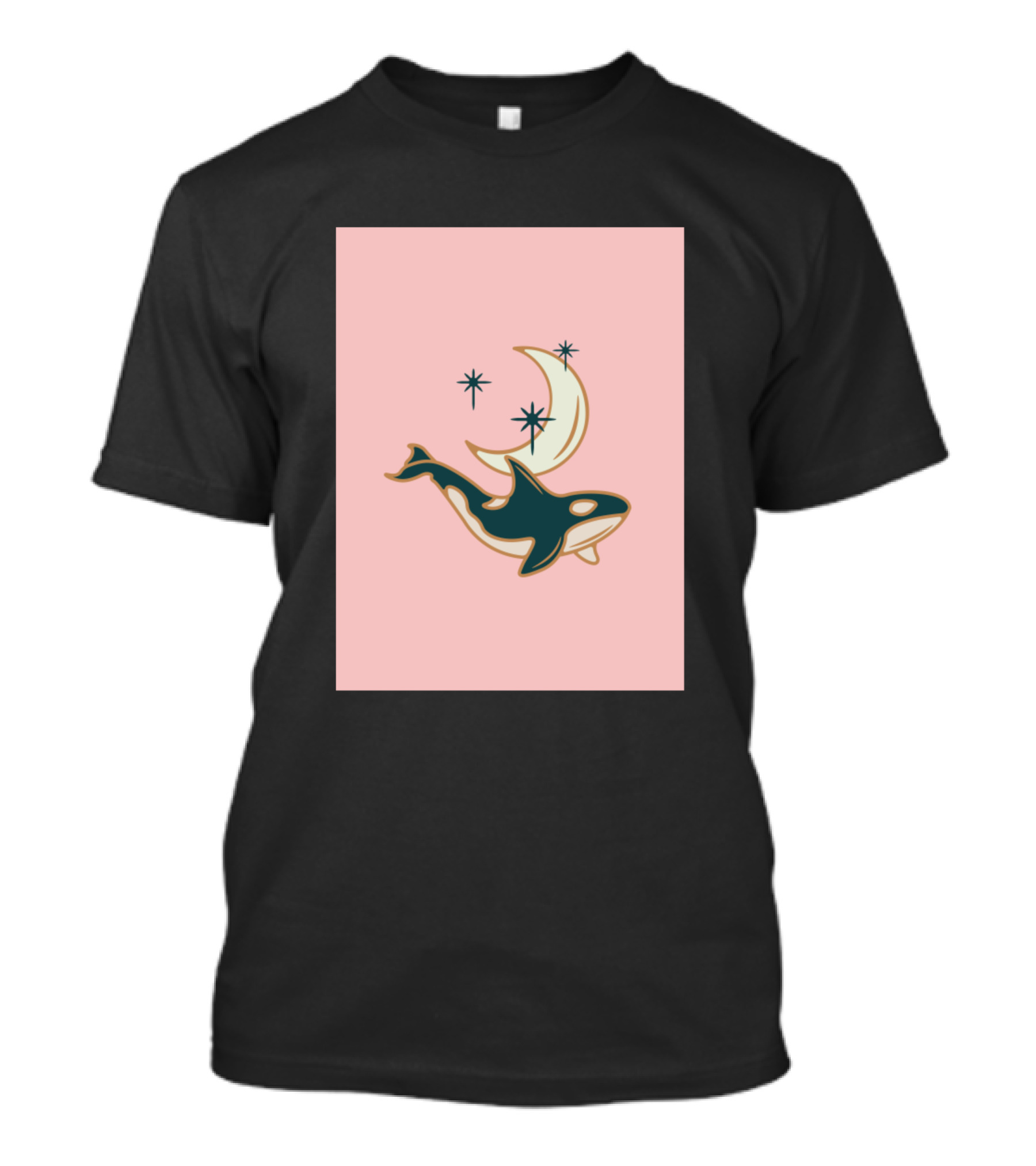 Orca And Crescent Moon With Stars On Pink Background T-Shirt