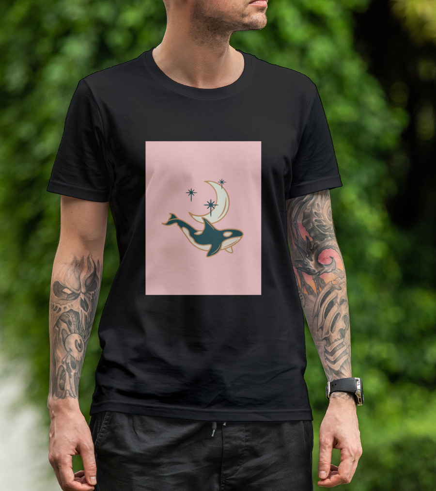 Orca And Crescent Moon With Stars On Pink Background T-Shirt
