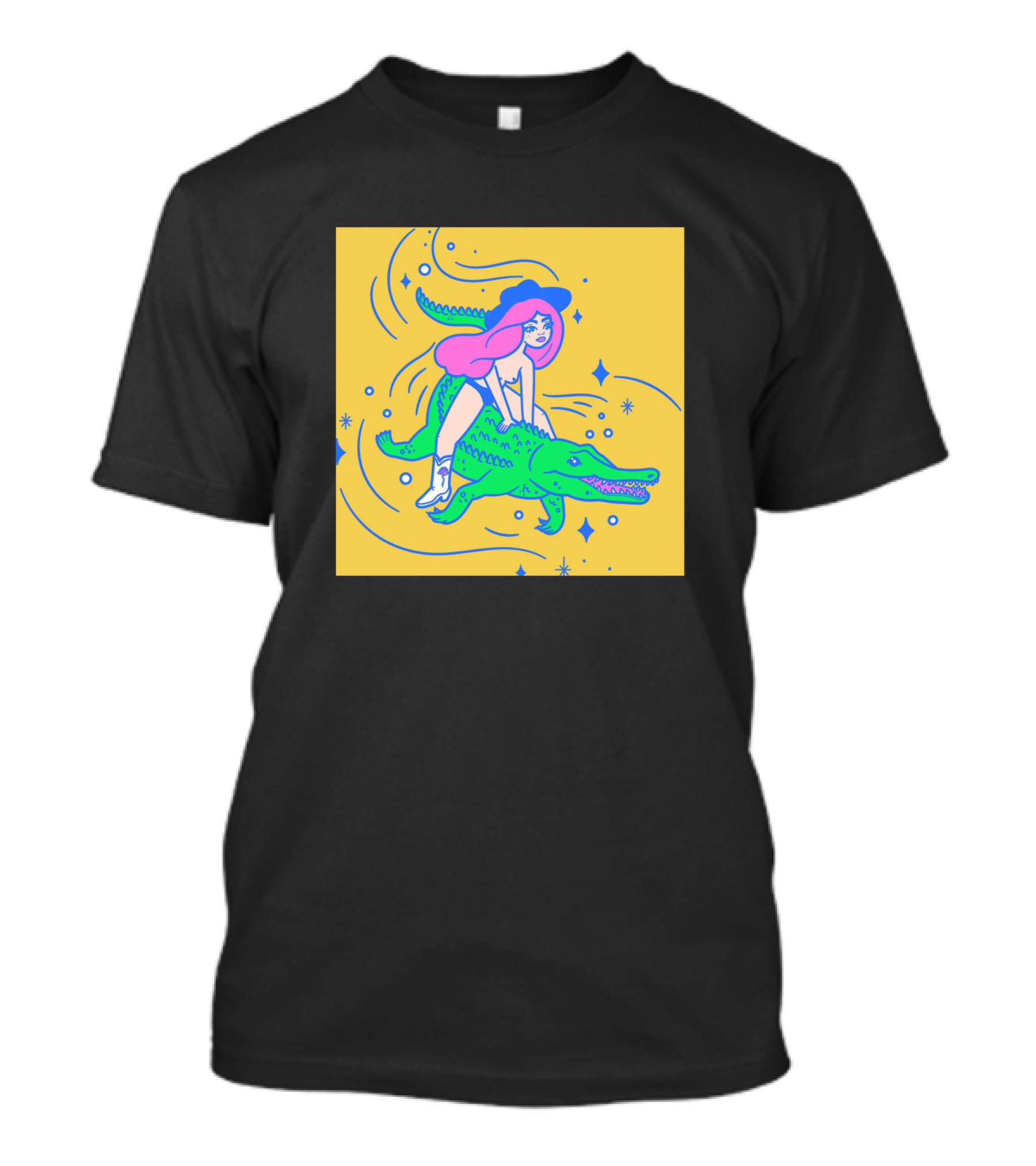 Cowgirl In Pink Riding A Green Space Crocodile In Outer Space Adventure T-Shirt