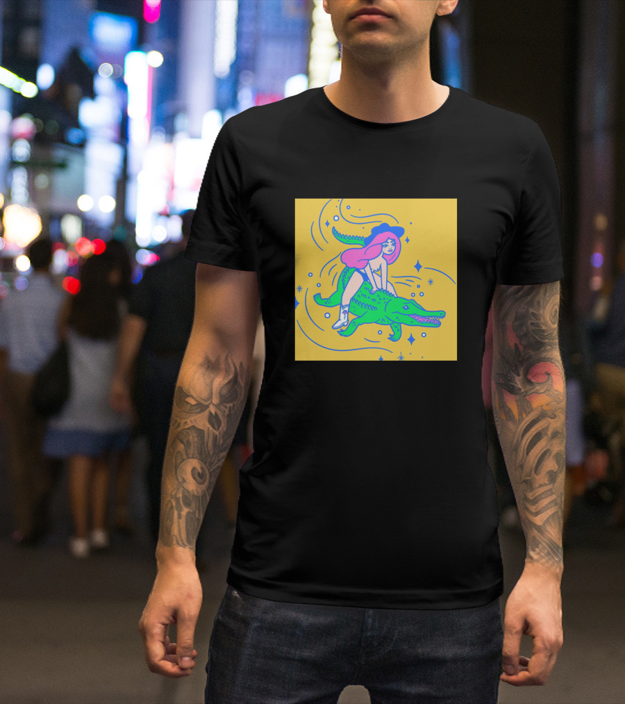 Cowgirl In Pink Riding A Green Space Crocodile In Outer Space Adventure T-Shirt