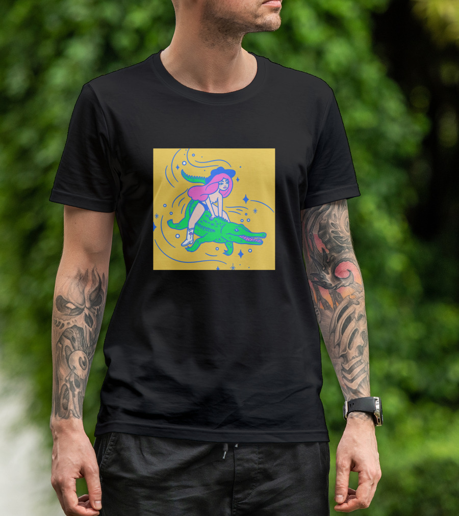 Cowgirl In Pink Riding A Green Space Crocodile In Outer Space Adventure T-Shirt