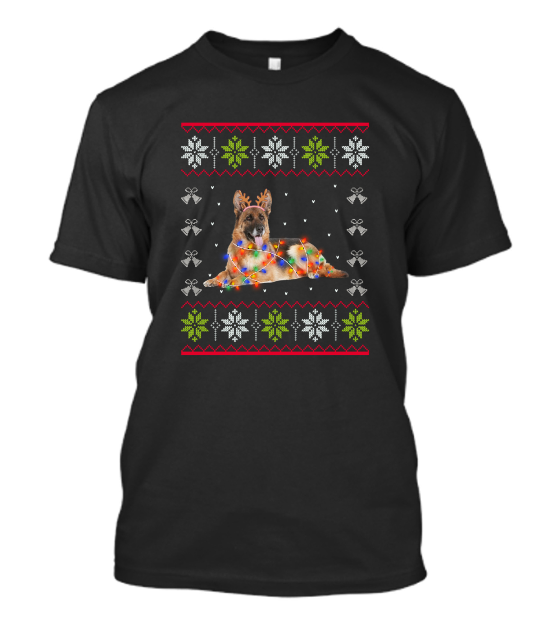 German Shepherd Reindeer Antlers Christmas Lights Festive Knit Snowflakes T-Shirt