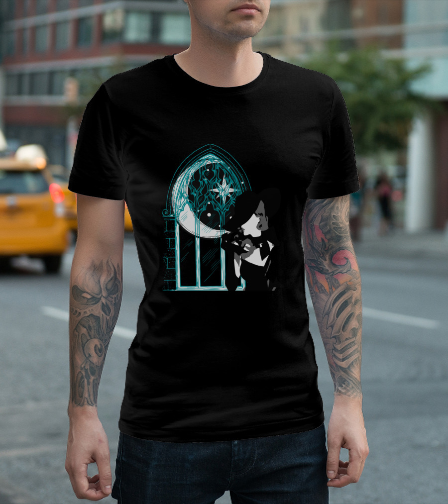 Gothic Girl in Front of Stained Glass Window with Crescent Moon and Stars T-Shirt