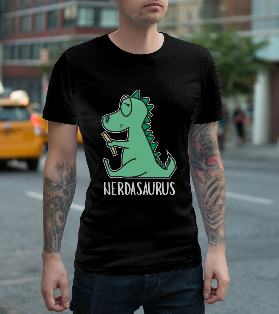 Nerdasaurus Nerd Dinosaur Holding Pencil T-Shirt