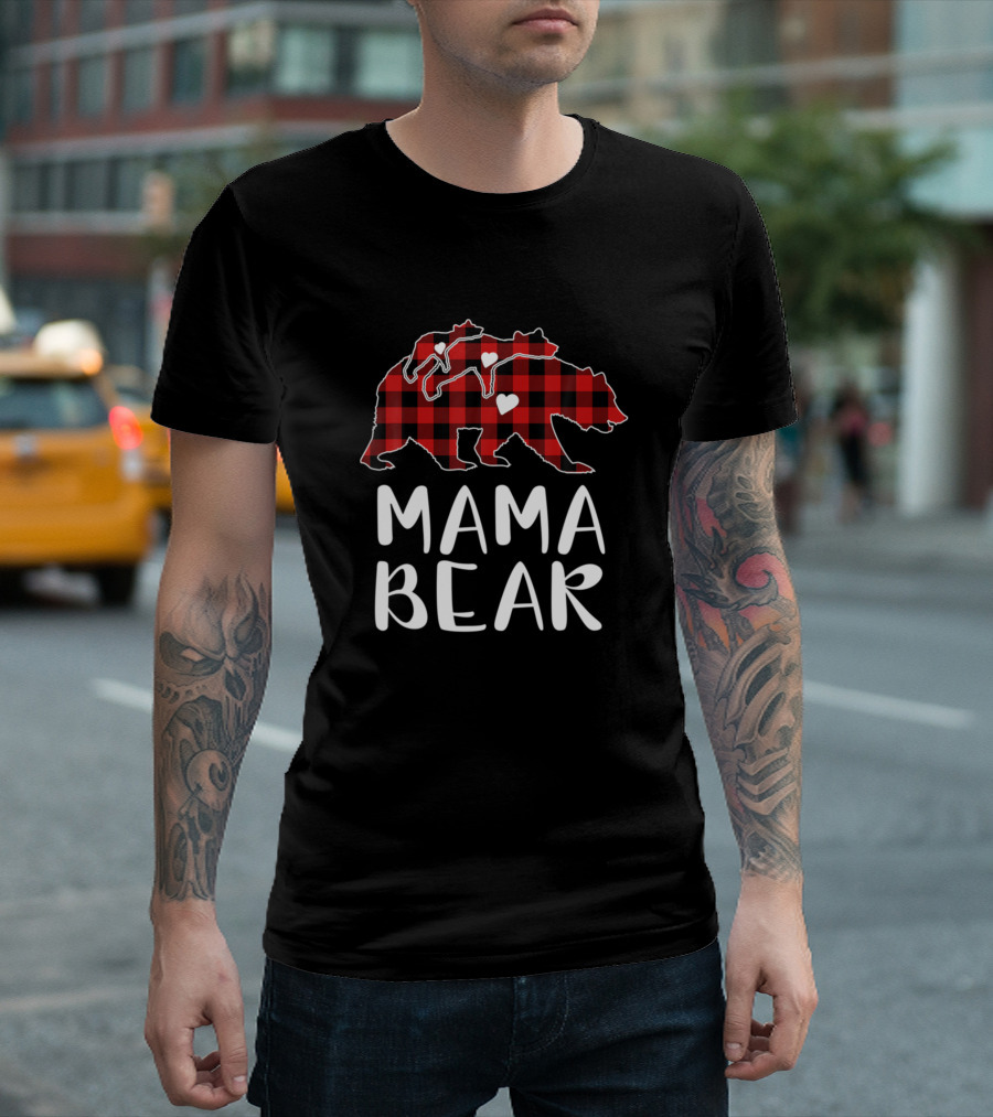 Mama Bear Red Plaid Buffalo Check with Cubs and Hearts T-Shirt