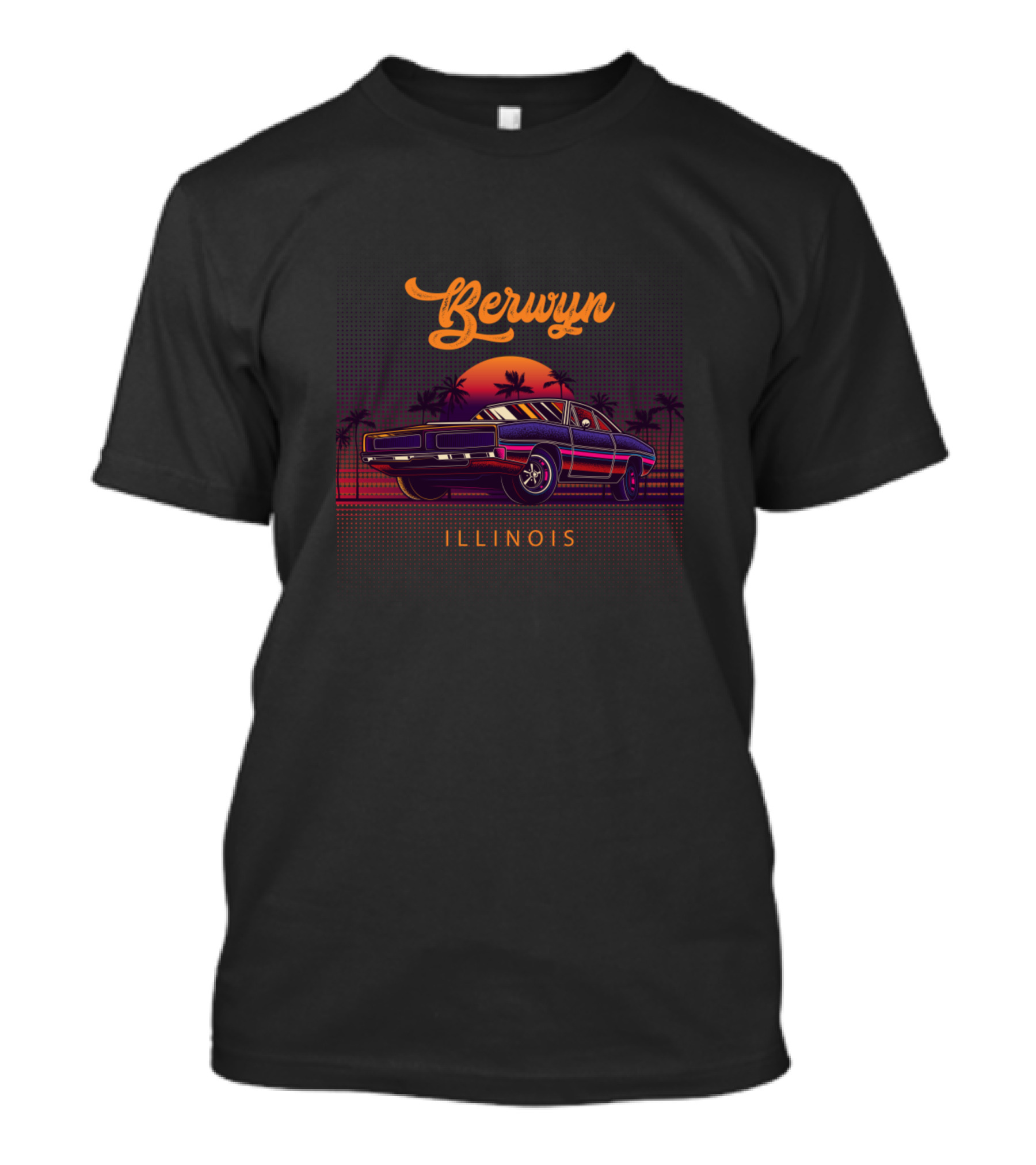 Berwyn Illinois Retro Sunset Muscle Cars With Palm Trees T-Shirt