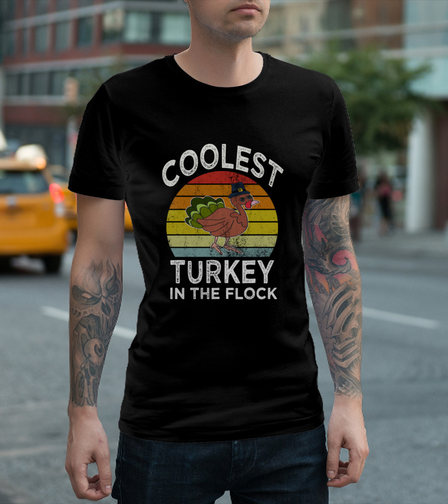 Coolest Turkey in the Flock Retro Rainbow Turkey with Pilgrim Hat T-Shirt