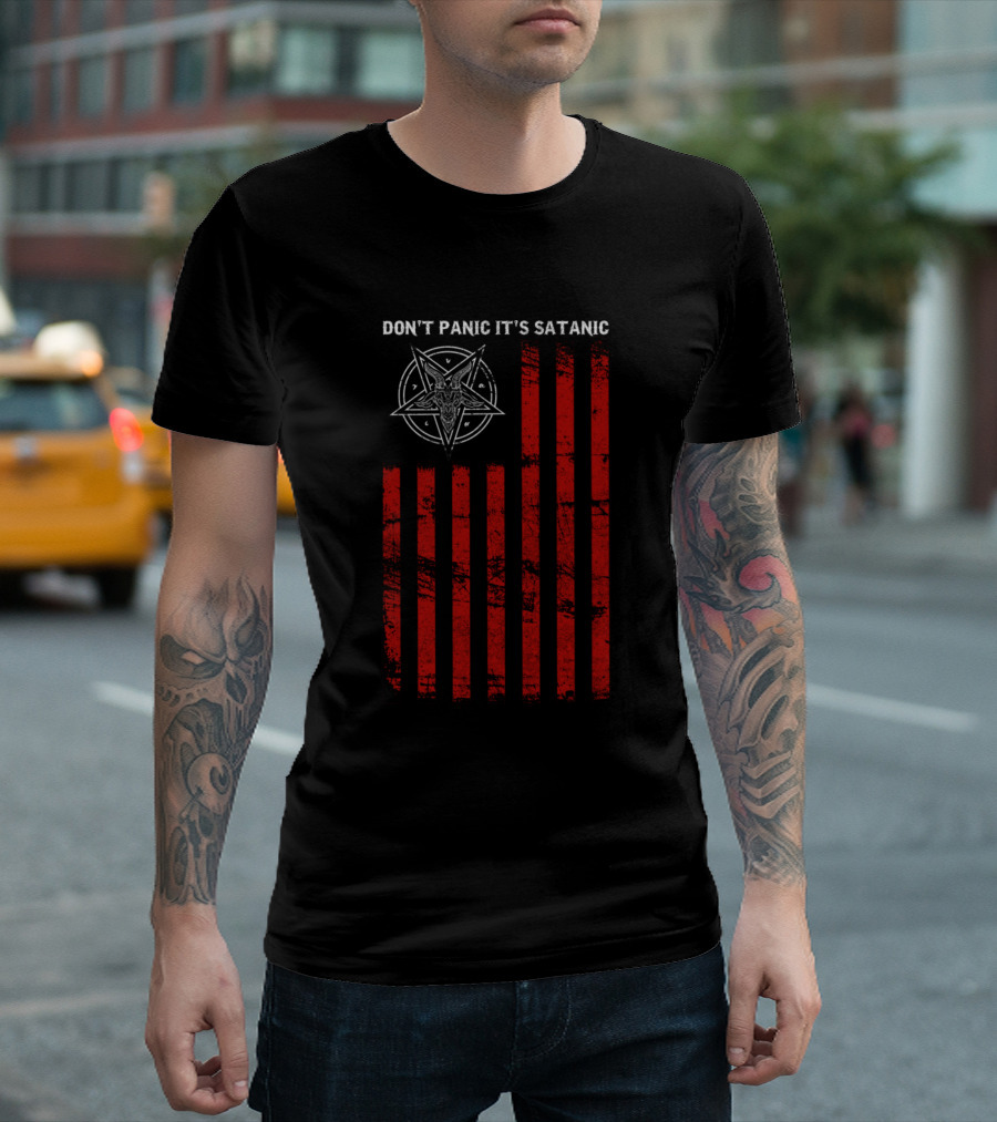 Don't Panic It's Satanic Pentagram Stripe T-Shirt