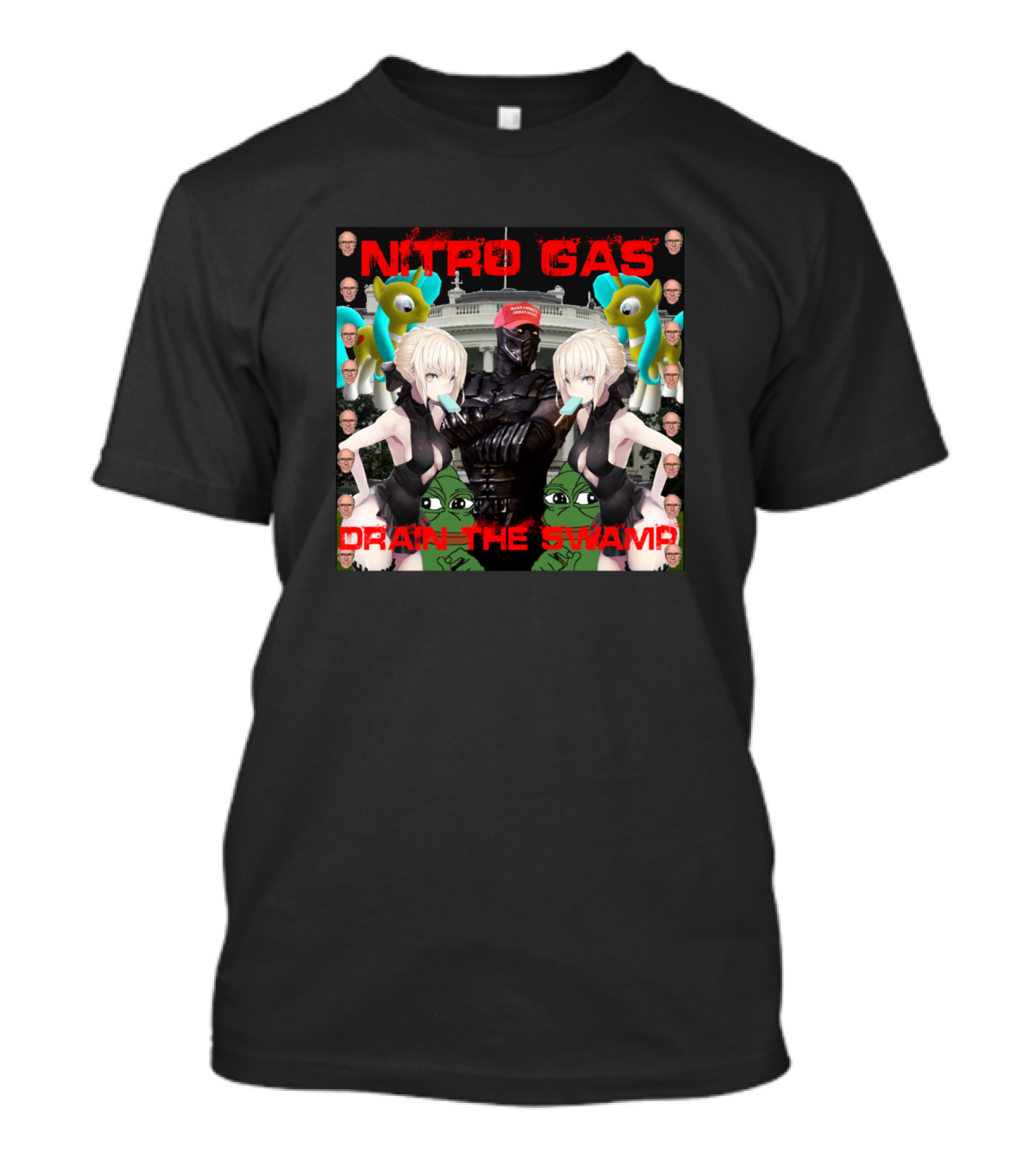 NITRO GAS Drain The Swamp Album Cover Anime Characters Peeking Cartoon Frogs White House Background T-Shirt