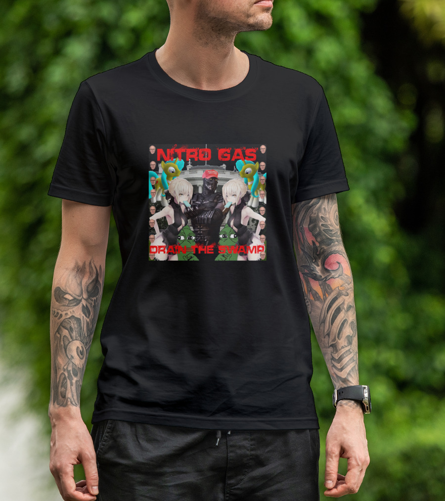 NITRO GAS Drain The Swamp Album Cover Anime Characters Peeking Cartoon Frogs White House Background T-Shirt