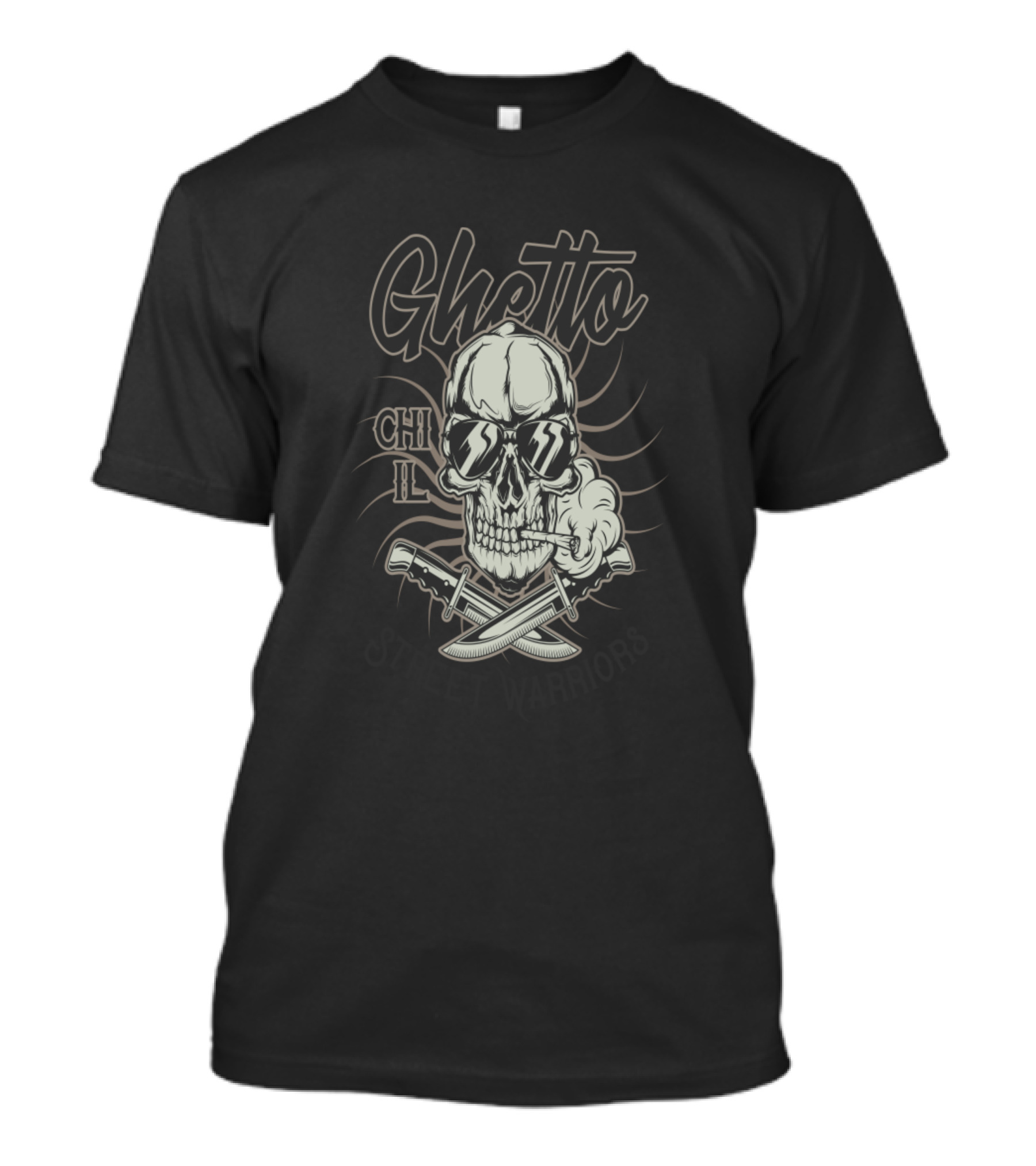 Ghetto Chill Street Warriors Skull Smoking With Sunglasses And Knives T-Shirt