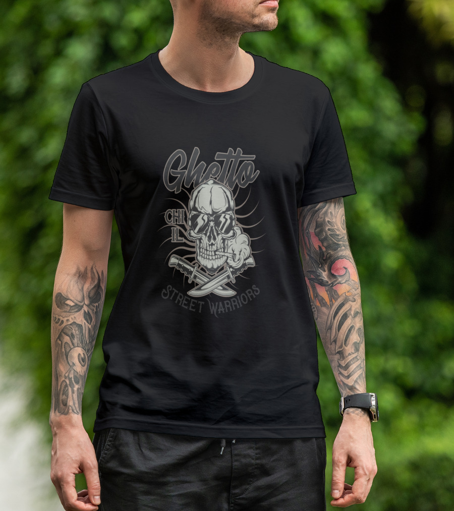 Ghetto Chill Street Warriors Skull Smoking With Sunglasses And Knives T-Shirt