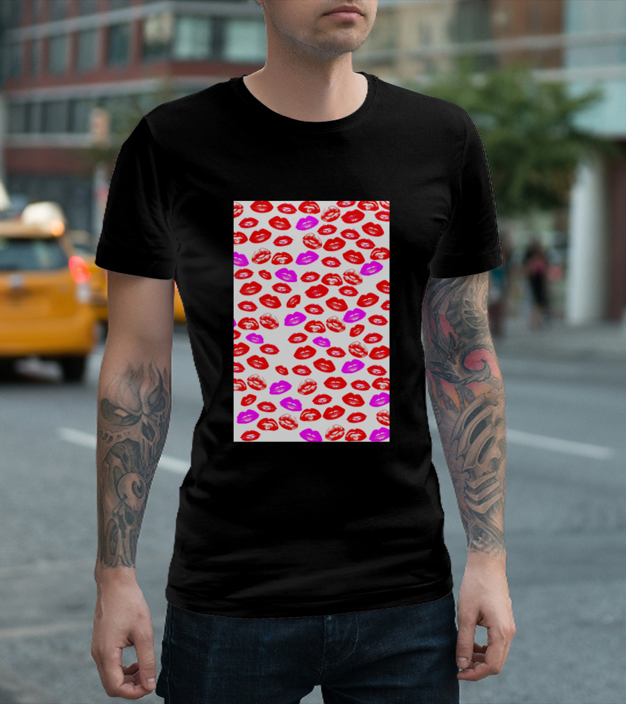 Lips Pattern Print Kisses Red and Purple Lipstick Marks T-Shirt
