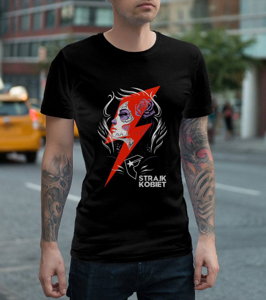 Strajk Kobiet Poland Women Protest Lightning Bolt and Feminine Portrait with Rose T-Shirt