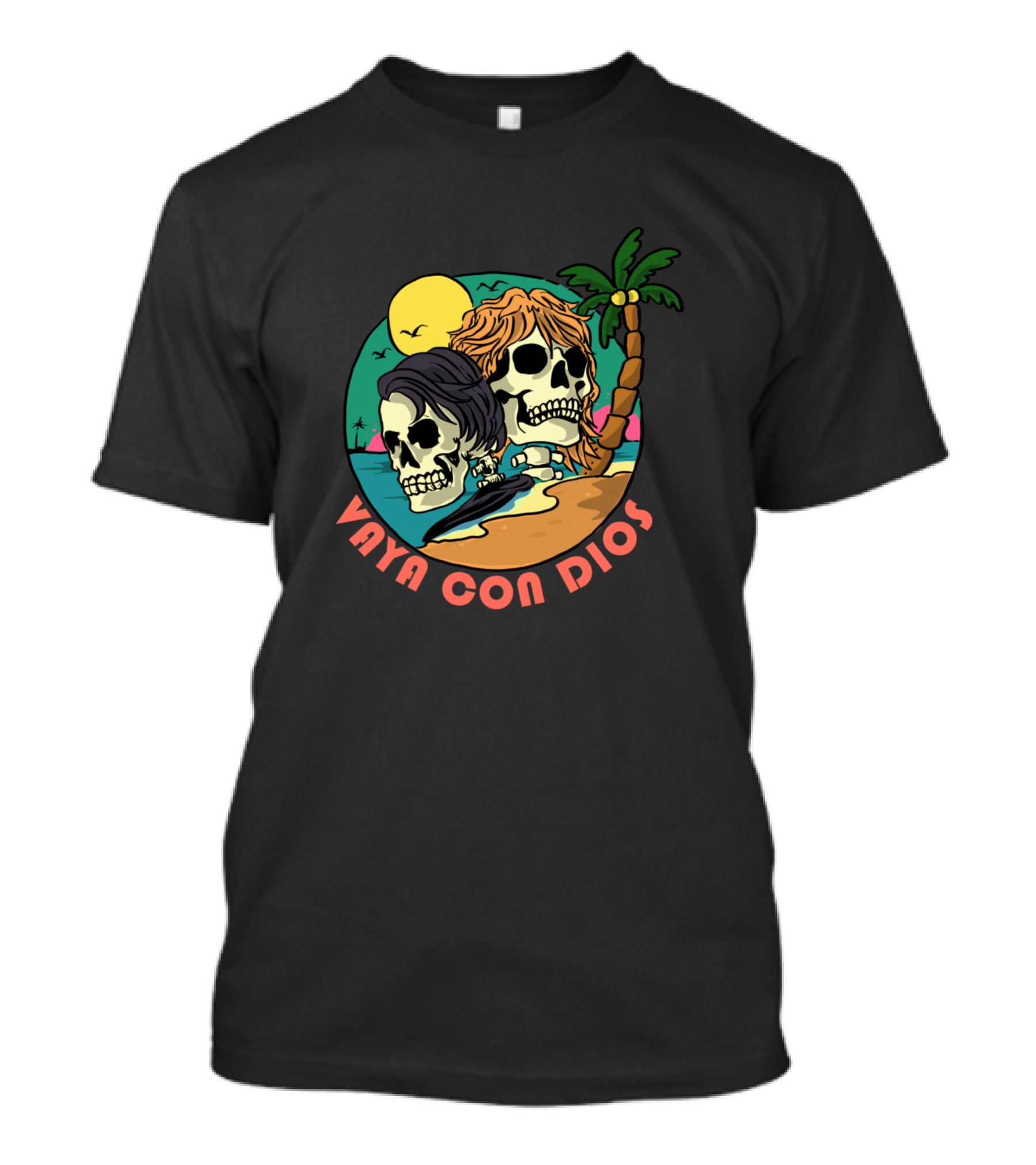 Vaya Con Dios Skull Surfers On Tropical Beach At Sunset T-Shirt