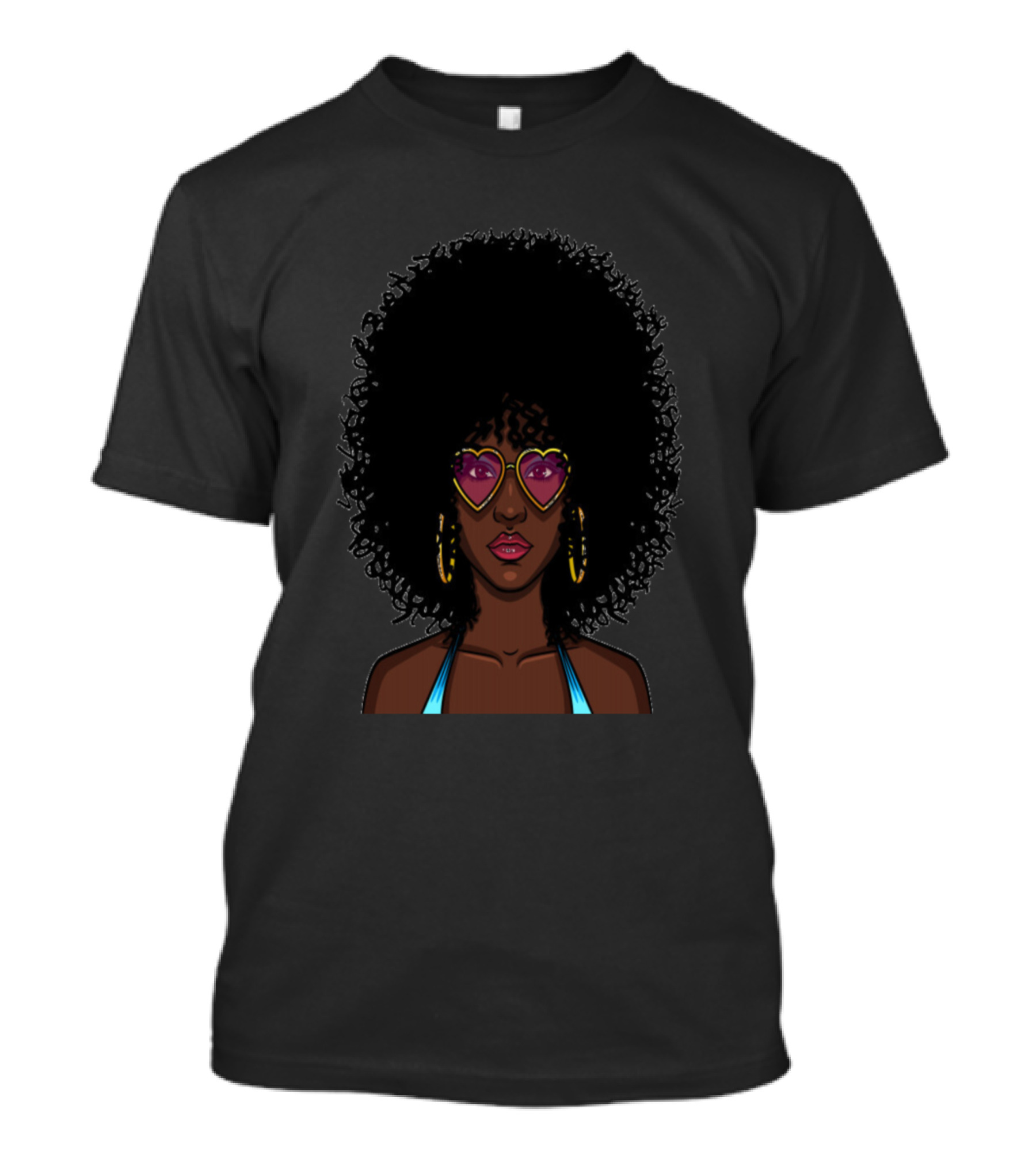 Woman With Curly Hair Heart-Shaped Sunglasses And Blue Top T-Shirt