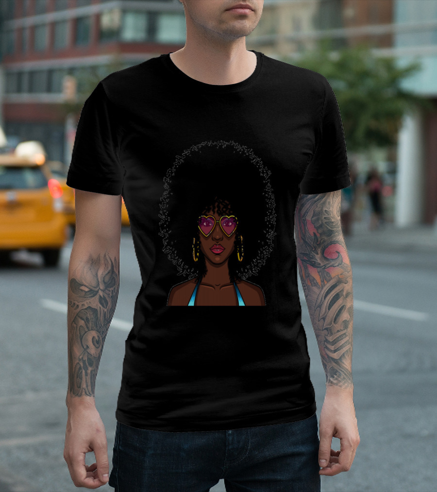 Woman With Curly Hair Heart-Shaped Sunglasses And Blue Top T-Shirt
