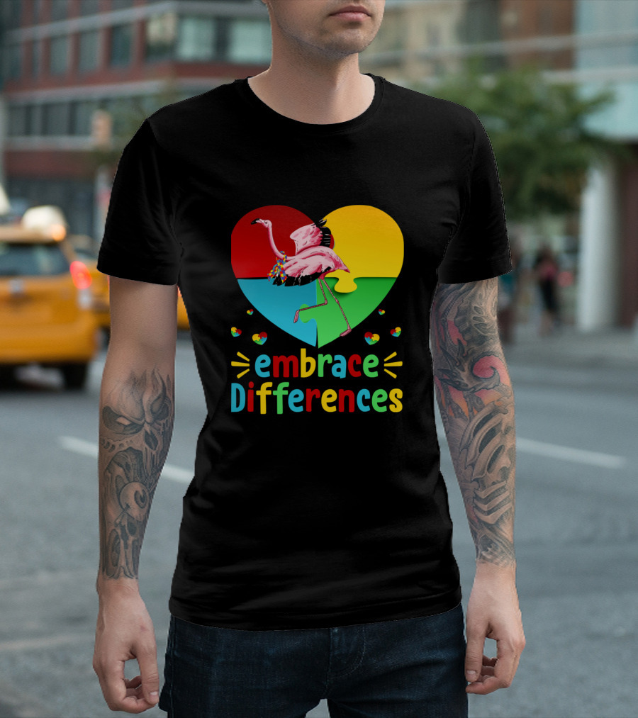 Embrace Differences Colorful Flamingo Heart Puzzle Autism T-Shirt