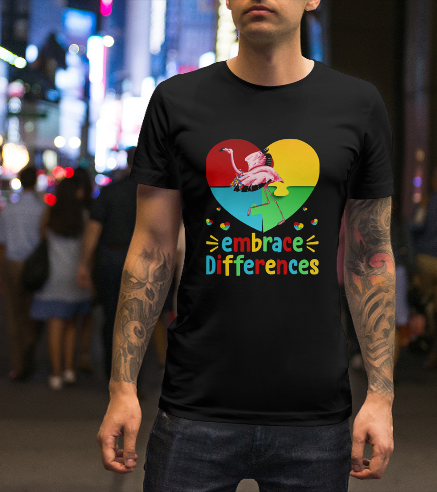 Embrace Differences Colorful Flamingo Heart Puzzle Autism T-Shirt
