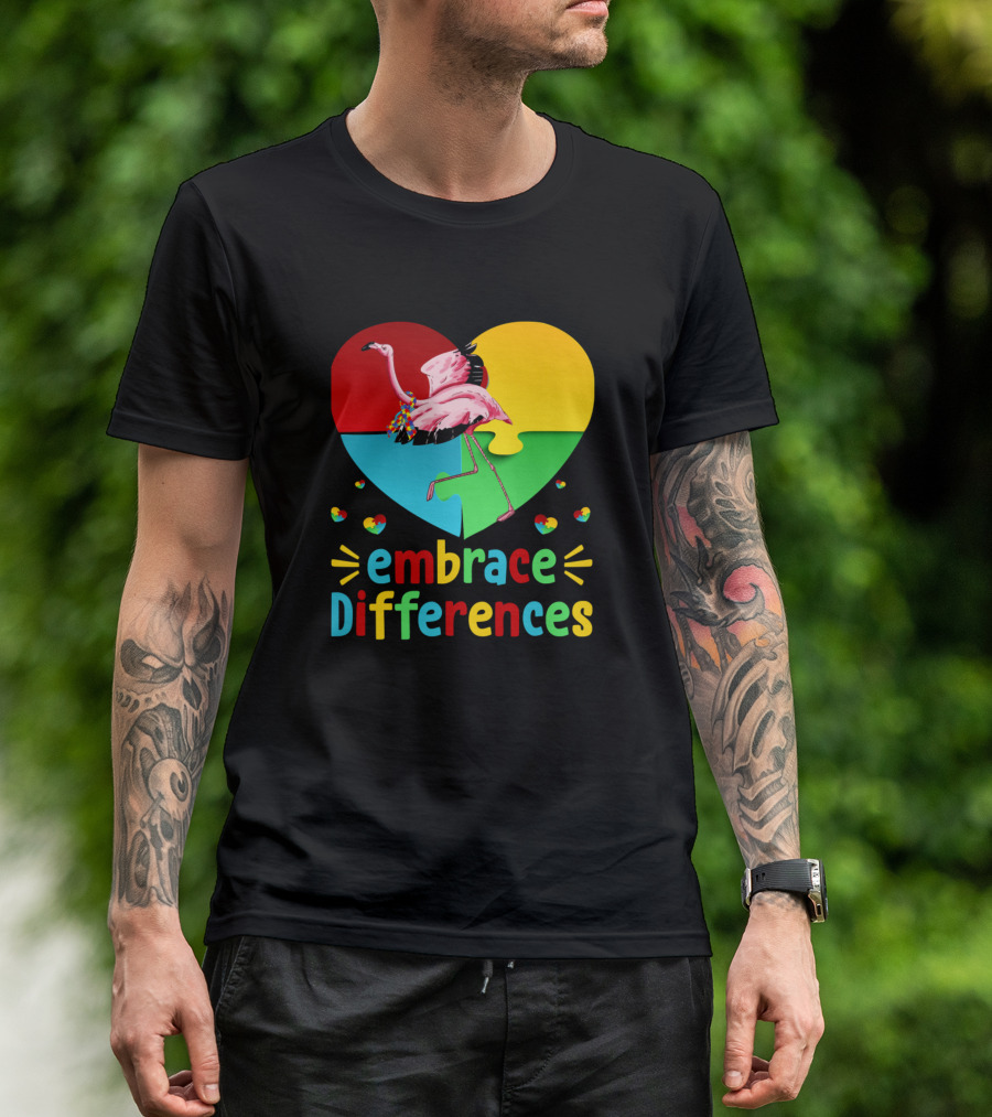 Embrace Differences Colorful Flamingo Heart Puzzle Autism T-Shirt