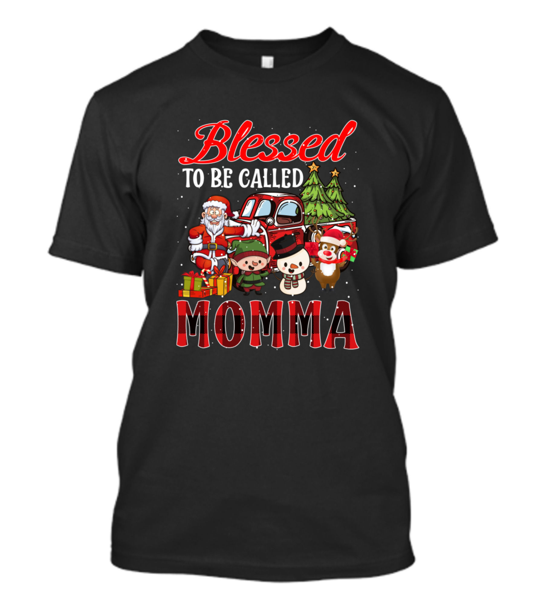 Blessed To Be Called Momma Christmas Santa Snowman Reindeer Buffalo Plaid T-Shirt