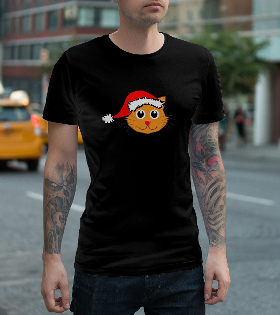Christmas Cat Santa Hat Whiskers Face T-Shirt