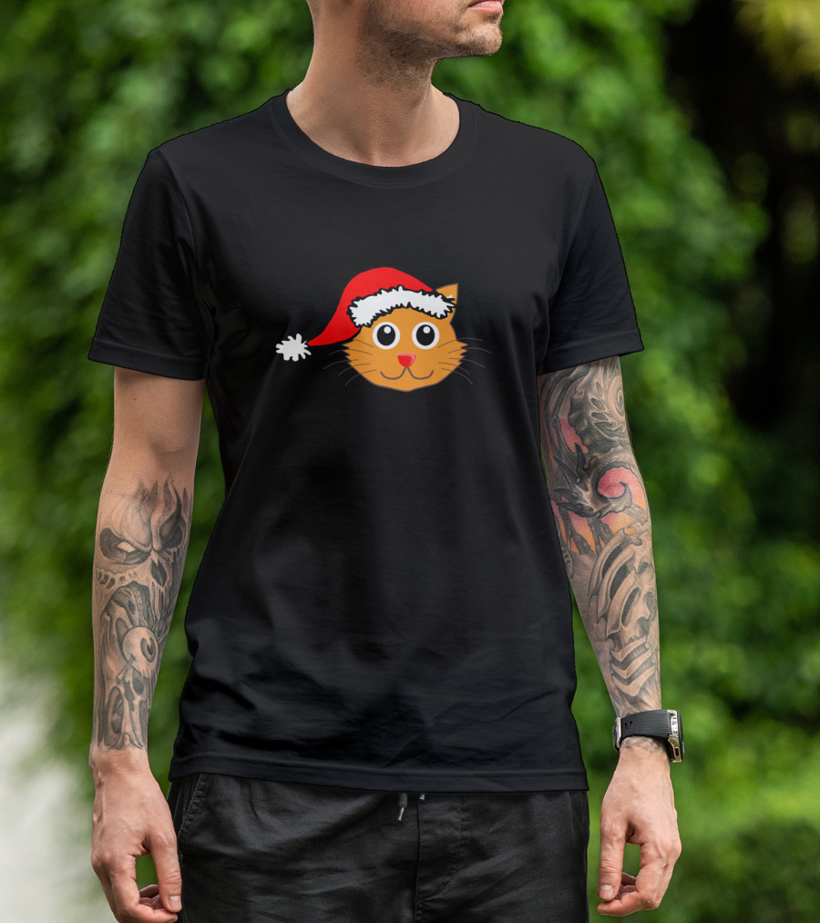 Christmas Cat Santa Hat Whiskers Face T-Shirt