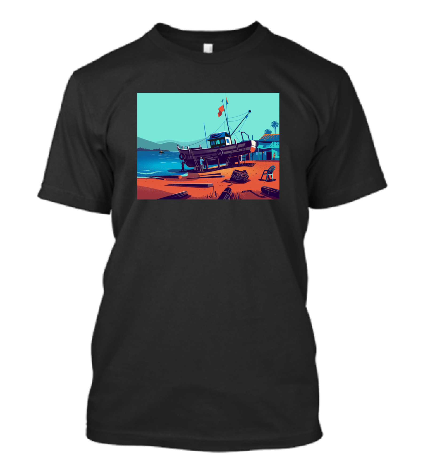 Get Ready To Conquer The Seas With Vibrant Coastal Boat Scene T-Shirt