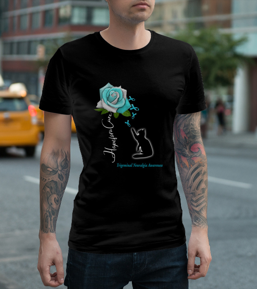Hope For A Cure Trigeminal Neuralgia Awareness Blue Rose Ribbon Cat T-Shirt