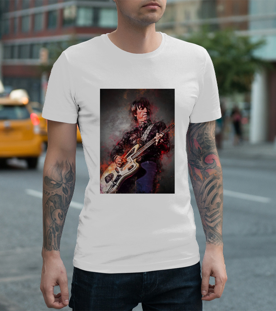Johnny Marr Playing Electric Guitar with Vibrant Artistic Background T-Shirt