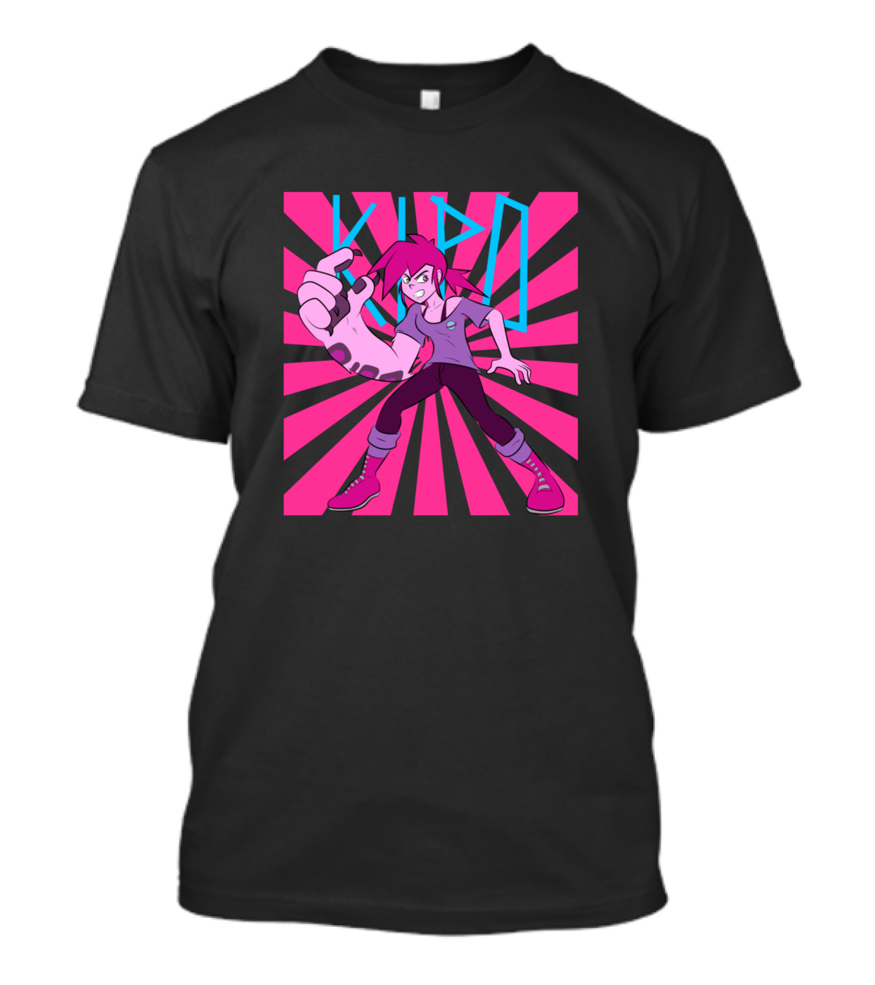 Kipo Stylized Character With Pink And Black Starburst Background T-Shirt