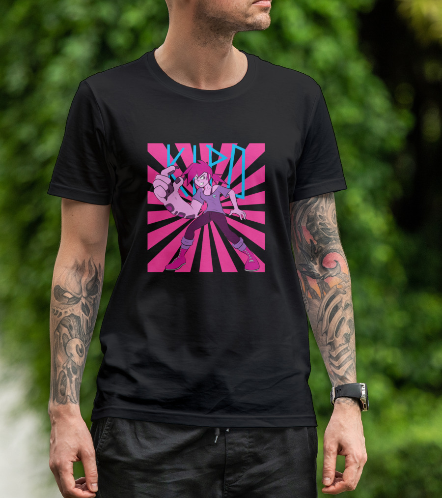 Kipo Stylized Character With Pink And Black Starburst Background T-Shirt