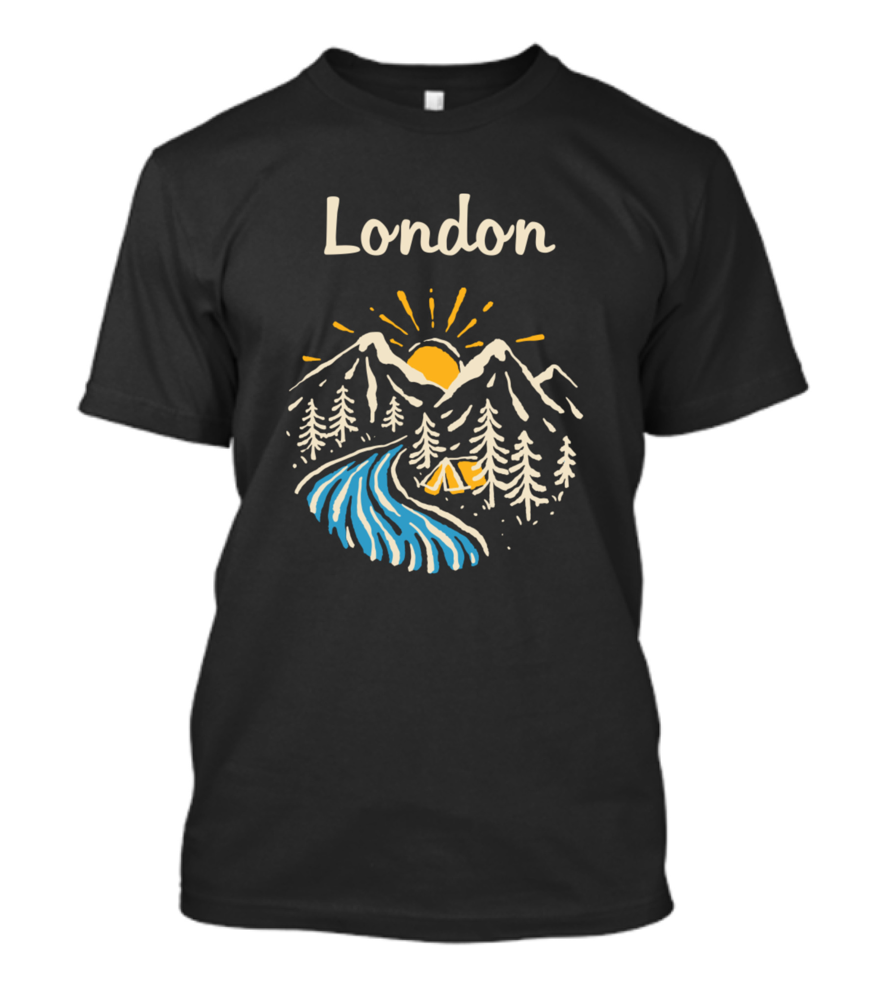 London Mountain River Sunrise Camping Scene T-Shirt